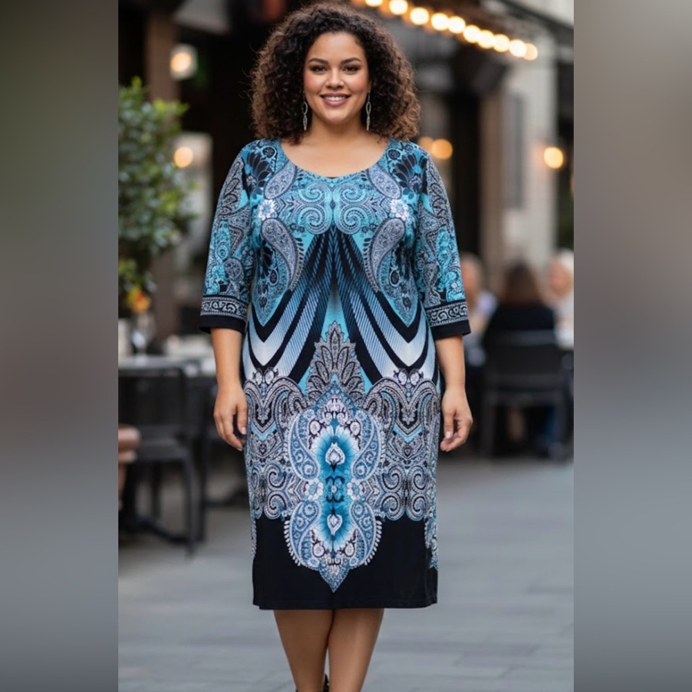 Dress Barn Signature Camryn Teal Dress Polyester Spandex Floral Paisley Size 16W